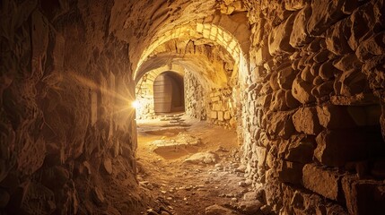 Secret underground passage leading to the heart of a medieval castle. Gloomy place, ghosts, dust, secret tunnel, paranormal, gothic, middle ages, ruins, dampness, mysticism, fear. Generative by AI