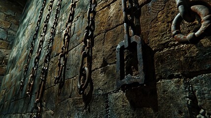 Rusty iron shackles hanging from the walls of a medieval prison, torture chamber. Gloomy place, ghosts, paranormal, gothic, middle ages, ruins, dampness, mysticism, fear. Generative by AI - obrazy, fototapety, plakaty