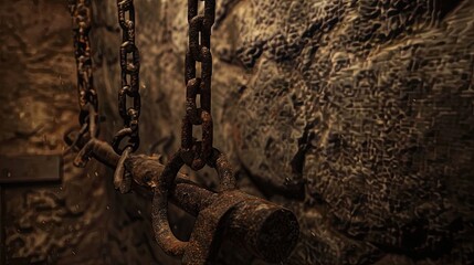 Rusty iron shackles hanging from the walls of a medieval prison, torture chamber. Gloomy place, ghosts, paranormal, gothic, middle ages, ruins, dampness, mysticism, fear. Generative by AI