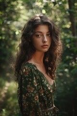 A beautiful young woman standing in a forest. Suitable for nature or outdoor themed projects