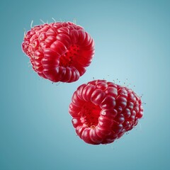 Two raspberries suspended in air, against blue backdrop