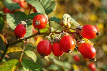 A bunch of red berries hanging from a tree. Perfect for nature or autumn themes