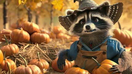 Raccoon in farmer costume, wild west theme, western aesthetics, short fur, farmer wicker hat. Mascot, surrealism, realistic style, work suit. Wild creature in human clothing concept. Generative by AI