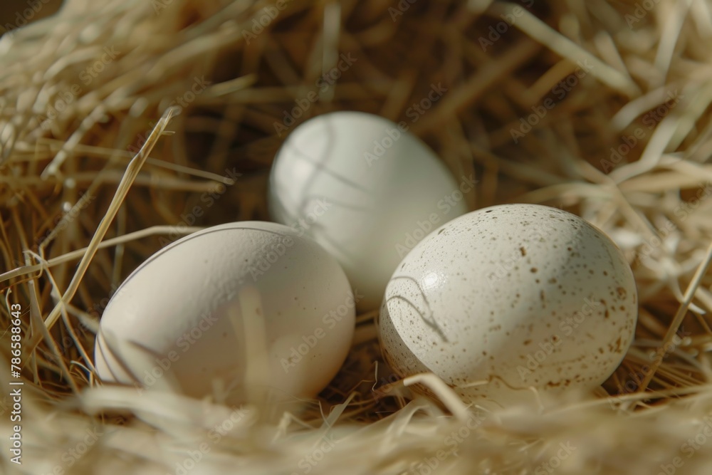 Poster two white eggs in a nest with straw. suitable for easter and farm themes