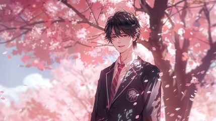 Happy Young Man with Cherry Blossoms in Spring