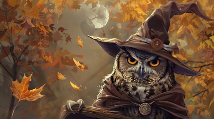 Owl in a wizard costume, sorcerer, medieval theme, feathered, bird. Mascot, wild animal, surrealism, close-up, realistic style, witchcraft. Wild creature in human clothing concept. Generative by AI