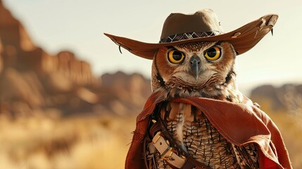 Owl in a cowboy costume, wild west theme, western aesthetics, feathered, bird. Mascot, surrealism, realistic style, cowboy hat, poncho. Concept of a wild creature in human clothing. Generative by AI