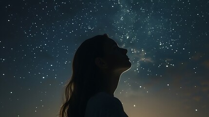 Silhouette of a woman in the magnificent Milky Way Galaxy, which lights up the night sky with countless stars.無数の星で夜空を照らす壮大な天の川銀河に女性のシルエット、Generative AI - obrazy, fototapety, plakaty