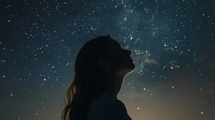Fotobehang Silhouette of a woman in the magnificent Milky Way Galaxy, which lights up the night sky with countless stars.無数の星で夜空を照らす壮大な天の川銀河に女性のシルエット、Generative AI © lime