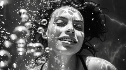 Joyful woman face underwater, highlighted by sun rays and bubbles, blissful moments underwater in monochrome, black and white image