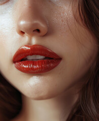 Makeup, red and lips of girl for beauty or cosmetics with foundation for skin glow, shine and self care. Woman, mouth and lip gloss for cosmetology with vibrant color for bold look and aesthetic.
