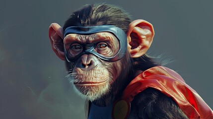 Monkey, chimpanzee in a superhero costume, cloak, glasses, wild animal in human clothes. Mascot, wild animal, realistic style, big ears. Animal face reflects courage. confidence. Generative by AI