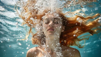 A serene underwater shot capturing a woman with flowing hair amidst a cascade of bubbles in sunlit water