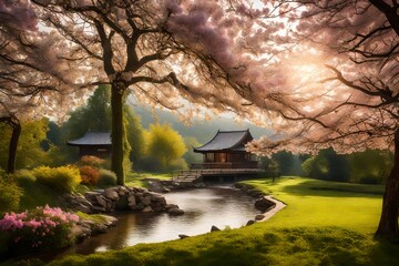 Fototapeta premium a tranquil riverside retreat, harmonizing with the picturesque hues of blossoming trees and a burst of wild, vibrant blossoms.