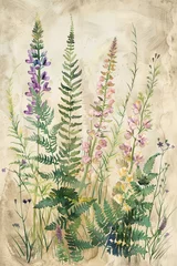Foto op Plexiglas A vintage-inspired watercolor illustration featuring ferns and lupines, perfect for adding a touch of nature and elegance to any design project. © SopranoPorchz