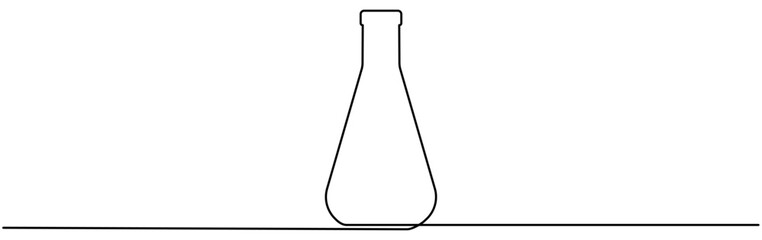 Chemical flask with liquid continuous line drawing. Vector illustration isolated on white.