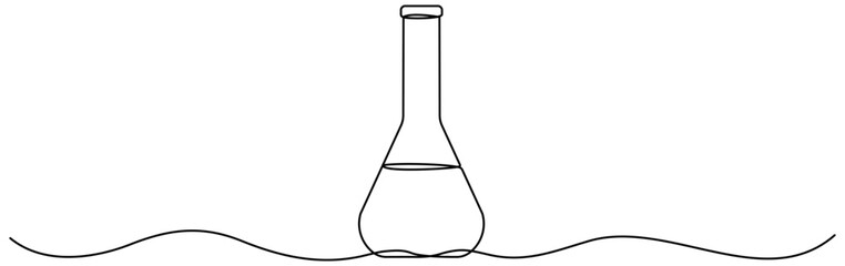 Chemical flask with liquid continuous line drawing. Science equipment linear bottle. Vector illustration isolated on white.