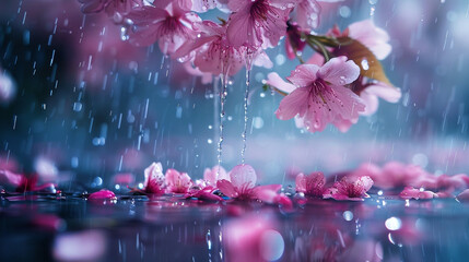 Rain cascading down on a cluster of cherry blossoms, creating a mesmerizing dance of water and petals. 8K