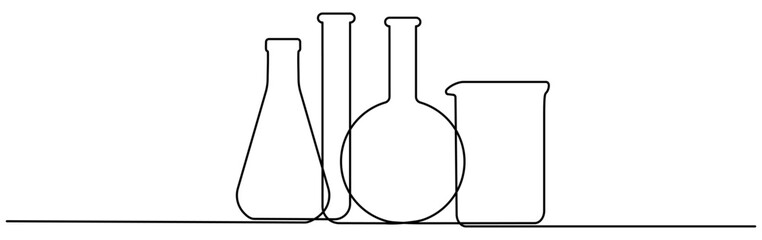 Chemical lab flasks set continuous line drawing. Science equipment linear bottles group. Vector illustration isolated on white.