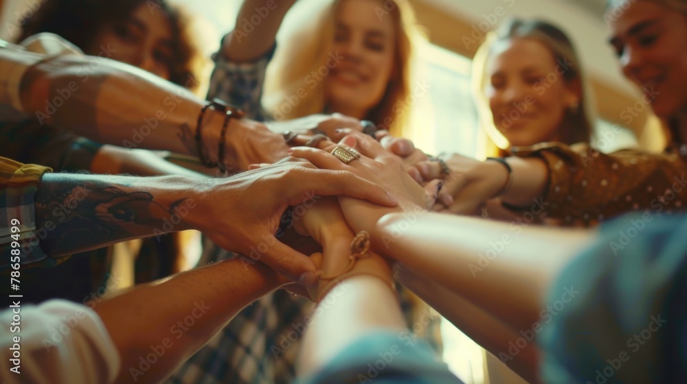 Poster group of people showing unity with hands together. great for teamwork concept