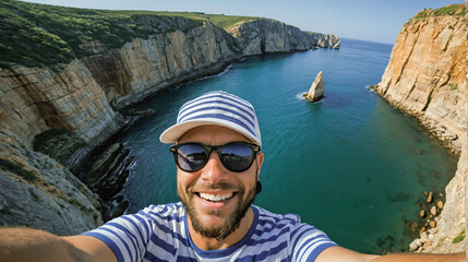 Smiling happy man summer hat taking selfie with smartphone on scenic sea landscape background