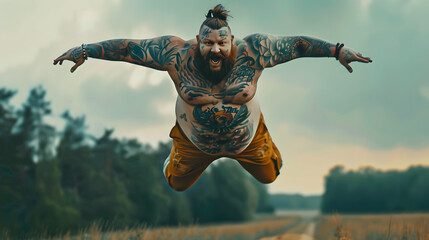 Happy overweight man with tattoos and long beard jumps in the air on a meadow