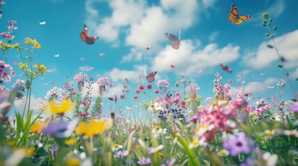 Vibrant field with colorful flowers and fluttering butterflies. Perfect for nature and springtime themes - obrazy, fototapety, plakaty