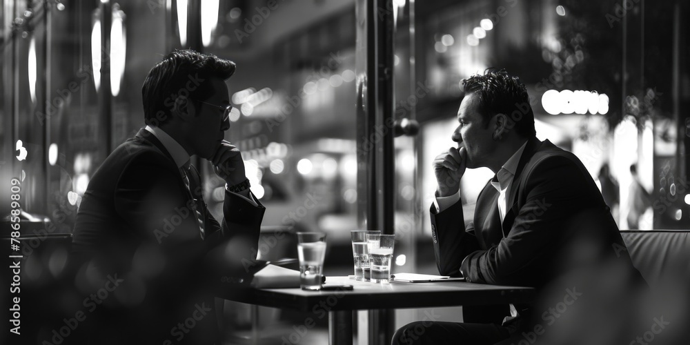 Poster two men sitting together at a table. suitable for business and teamwork concepts