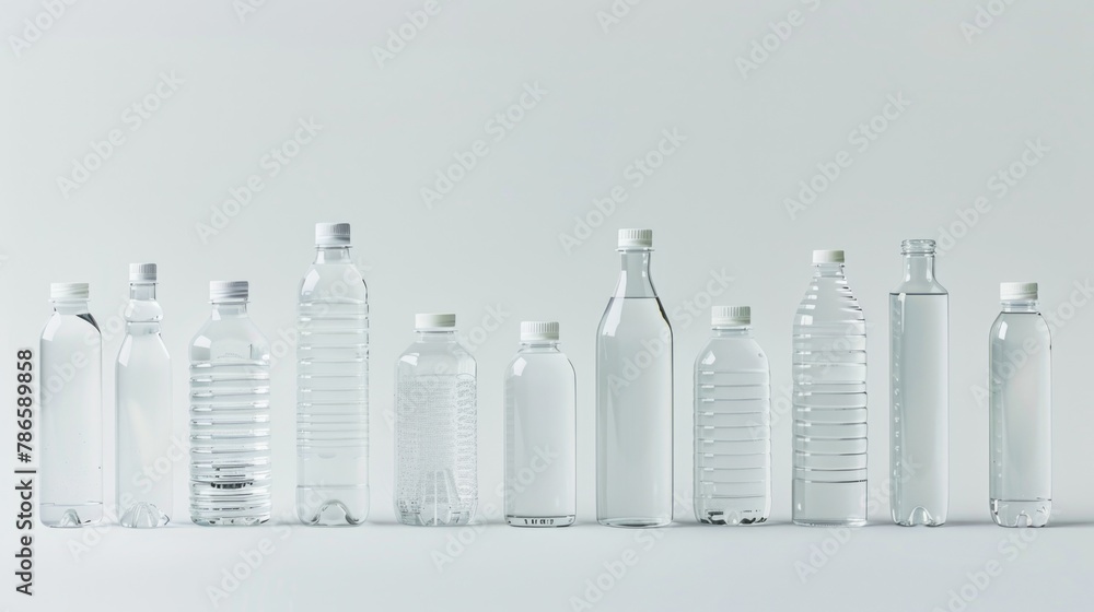 Poster A row of empty plastic bottles on a white surface. Perfect for environmental and recycling concepts