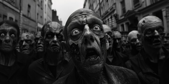 A group of zombies walking down a street. Suitable for Halloween themed designs