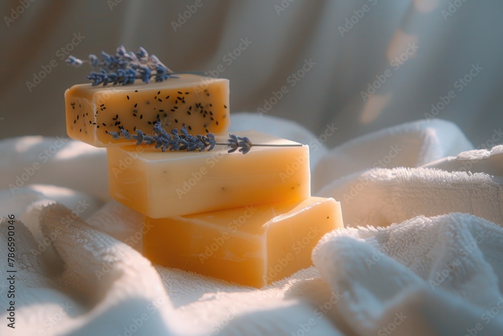 Poster a stack of soap bars on top of a white towel. can be used for hygiene or spa concept