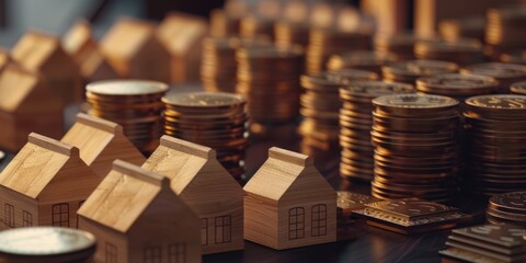 Wooden houses perched on top of stacks of coins, ideal for finance and real estate concepts - obrazy, fototapety, plakaty