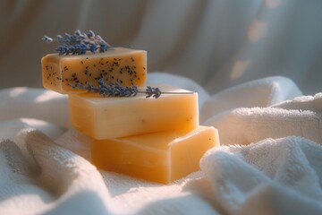 A stack of soap bars on top of a white towel. Can be used for hygiene or spa concept