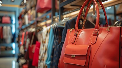 Collection of stylish woman bags and clothes in modern boutique