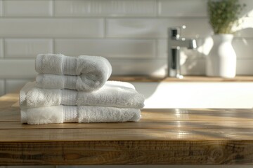 Stack of white towels on wooden counter, perfect for bathroom or spa concept