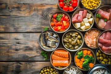 Various canned vegetables meat fish and fruits in tin cans, canned foods, canned vegetables, canned...