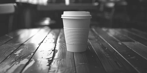Foto op Plexiglas A simple image of a coffee cup on a wooden table. Perfect for cafe menus or coffee shop advertisements © Fotograf