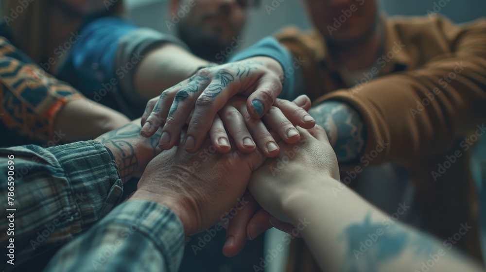 Poster a group of people putting their hands together. ideal for business and teamwork concepts
