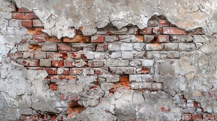 A weathered brick wall with peeling paint. Suitable for urban and industrial themes