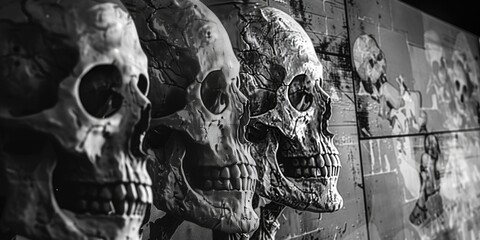 A black and white photo of skulls on a wall. Suitable for Halloween themes