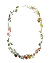 Wildflowers oval watercolor wreath isolated illustration with thin spikelets and twigs. Hand painted meadow wild flower floral frame with white and beige background for invitation and card template.