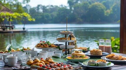 Delightful breakfast served by serene lake in thai resort savor delicious meal featuring assortment of dishes like sandwiches - obrazy, fototapety, plakaty