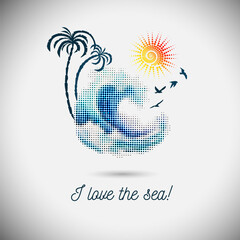 Logo sea palm trees and sun . hand drawing. Not AI. Vector illustration