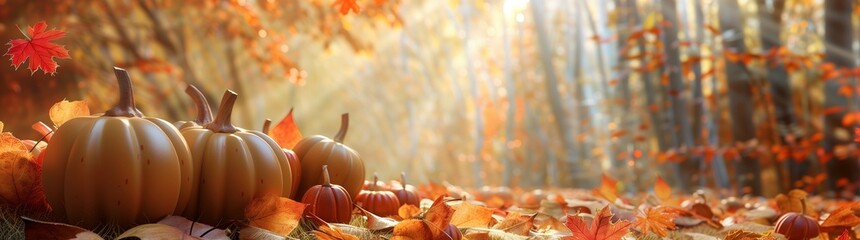 Autumn Splendor: Pumpkins and Golden Foliage Banner, Ideal Left-Side Copy Space for Text - Picture a sweeping banner that captures the essence of fall with a collection of small to medium pumpkins