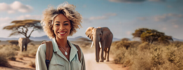 Smiling woman with elephants on an African savanna exudes joy. The open landscape underlines her exhilaration. World wildlife day.