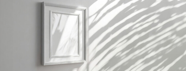Serene White Wall with Shadow Play from Window, picture frame. Tranquil space is cast with shadows from an outside source. Panorama with copy space.