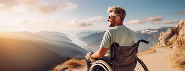 A man in a wheelchair admires a mountainous vista, sunset hues. Freedom is felt as he gazes over the valleys, horizon wide under the evening sky.
