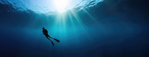 A diver explores the ocean depths, sunlight beams through water. Serenity envelops as the lone figure is submerged in the marine blue expanse.