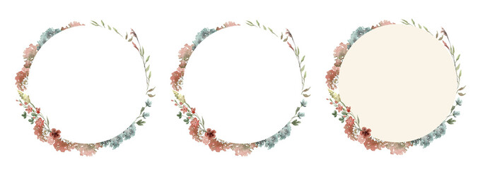 Fototapeta premium Wildflowers circular watercolor frame isolated illustration with thin spikelets and twigs. Hand painted meadow wild flower floral wreath with white and beige background for invitation and template.