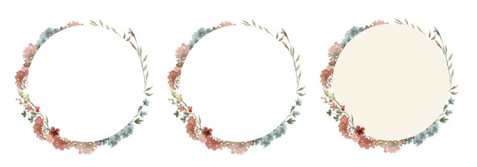 Wildflowers circular watercolor frame isolated illustration with thin spikelets and twigs. Hand...